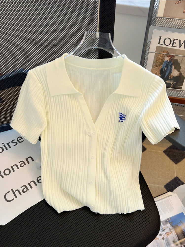 Summer Yellow Knitted Polo Shirt Women's 2024 New French V-Neck Letters High Waist Slim-Fit Ice Silk Top Short-Sleeved T-Shirt - Matrix-studios.com