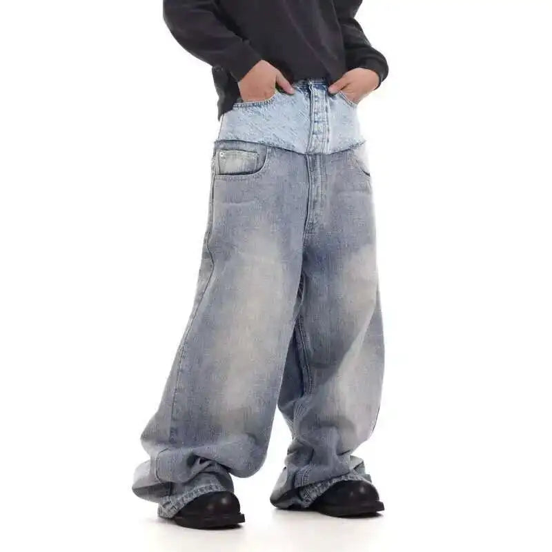PFNW Niche Colorblock Patchwork Wide Leg Blue Jeans Men's Spring 2025 New Straight Double Waist Design Denim Trousers 28W6048 - Matrix Studios