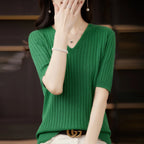 Women's Sweater Spring Summer Short Sleeve V-neck Knit Shirt Casual Korean Pullovers Stripe Bottoming Shirt Slim Fit Jumpers - Matrix Studios