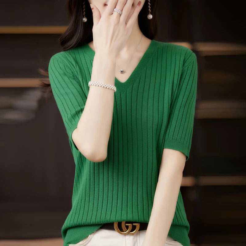 Women's Sweater Spring Summer Short Sleeve V-neck Knit Shirt Casual Korean Pullovers Stripe Bottoming Shirt Slim Fit Jumpers - Matrix Studios
