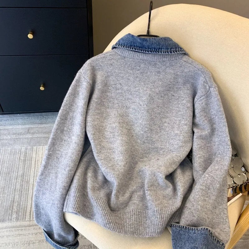 Chic Denim Collar Stitching Fake Two-piece Sweater Women's Cardigan New Single Breasted Knitted Jacket Coat Female Outwear - Matrix Studios