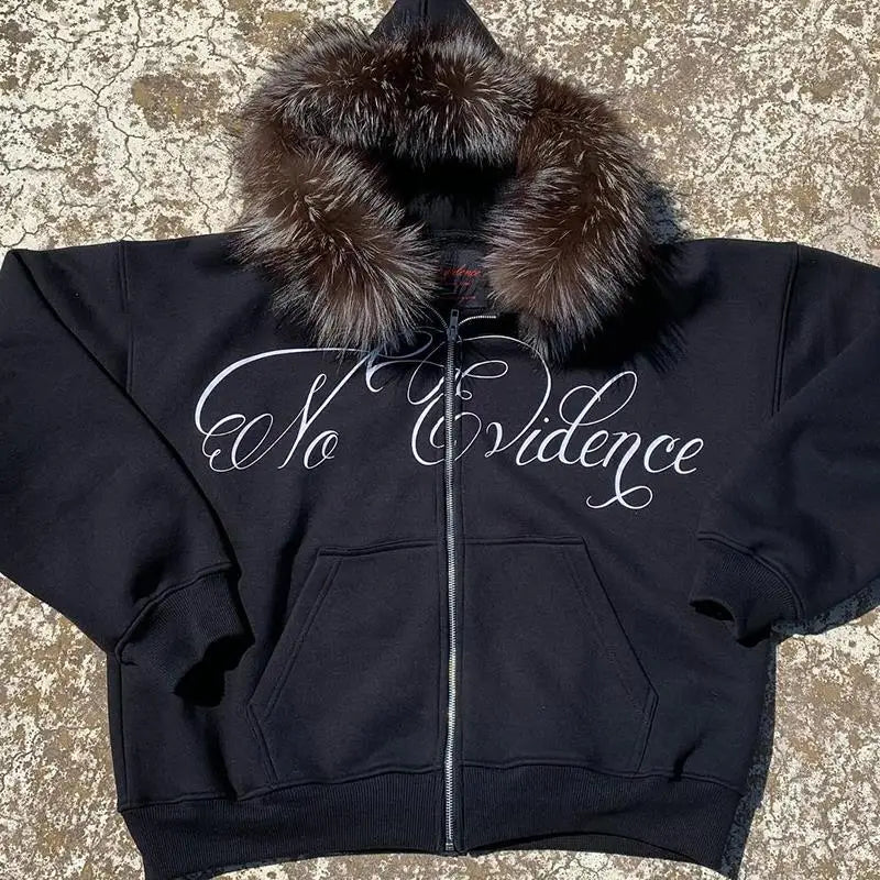Y2k Gothic Punk Hip Hop Letter Print Faux Fur Collar Zip Up Hoodie Harajuku Aesthetic 2000s Hoodies Clothes Streetwear EMO Girl