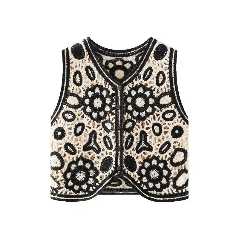Women Floral Embroidered Crochet Vest Top Summer Beach Cover Up Cardigan Waistcoat Boho Chic Vacation Outfit - Matrix Studios