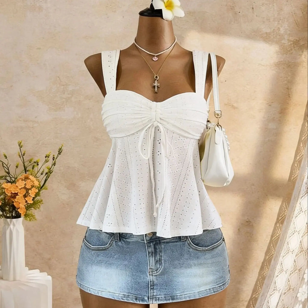 Women Sweetheart Neck Drawstring Ruched Peplum Cami Top Polka Dot Print Sleeveless Casual Camisole Outfit - Matrix-studios.com