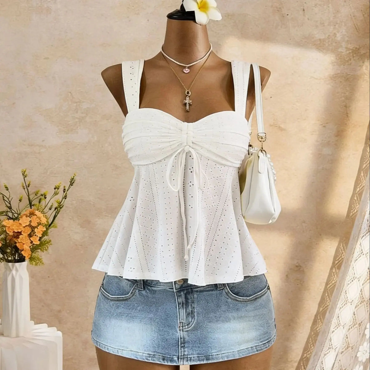 Women Sweetheart Neck Drawstring Ruched Peplum Cami Top Polka Dot Print Sleeveless Casual Camisole Outfit - Matrix-studios.com