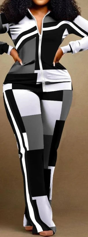 Two Piece Set Women Outfit 2023 Autumn Fashion Geometric Print Stand Collar Long Sleeve Zip Up Top & Casual Sporty Pants Set - Matrix-studios.com