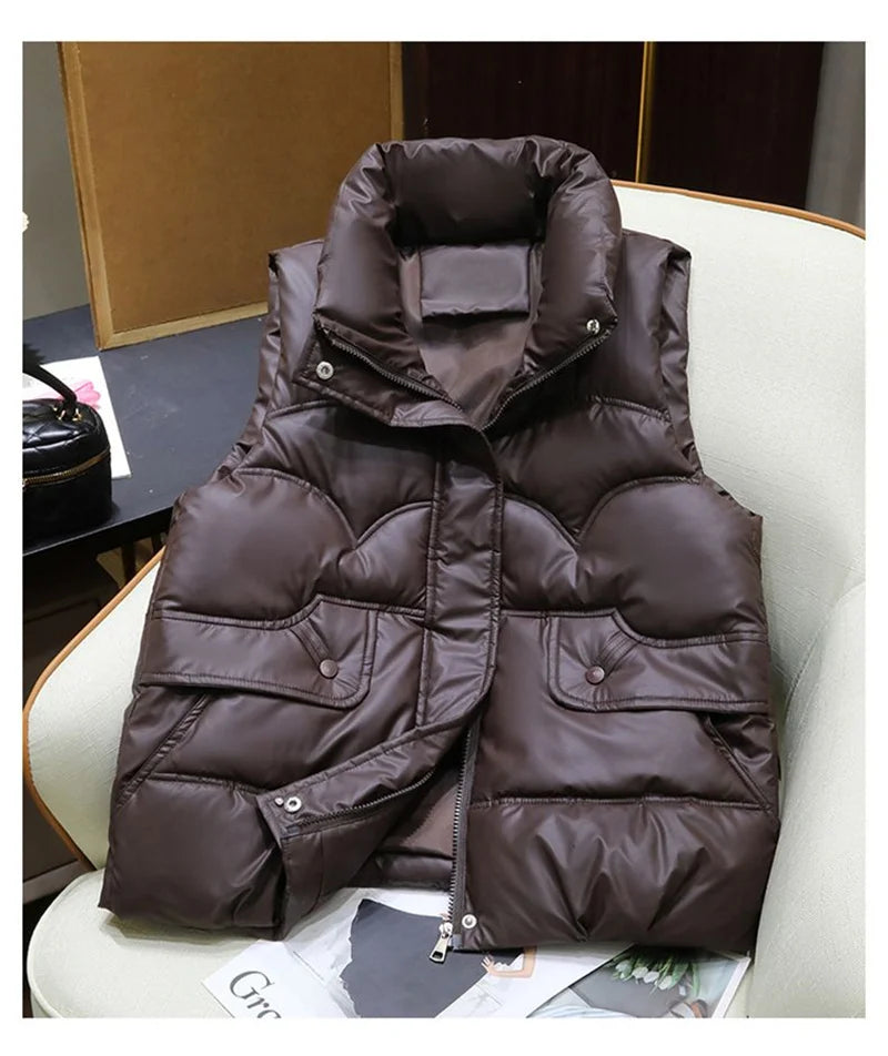 Down Cotton Vest Women 2025 New Autumn Winter Fashion Stand Collar All-Match Warm Sleeveless Waistcoat Jacket Ladies Female Tops - Matrix Studios