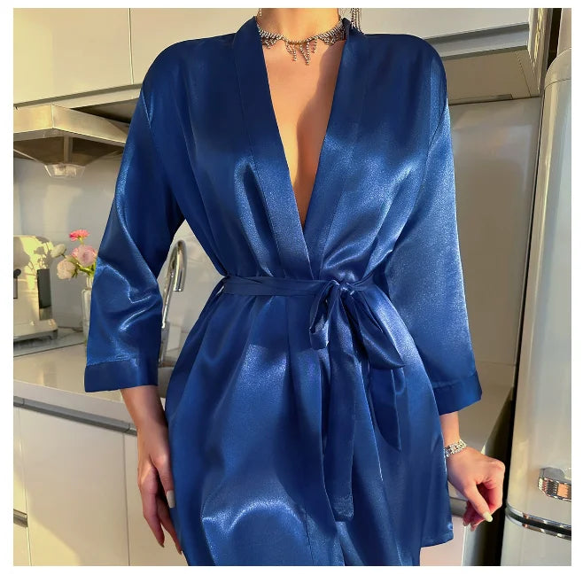 Pajamas women summer European and American ladies lace-up bathrobe sexy morning gown home dress can wear ice silk robe - Matrix-studios.com