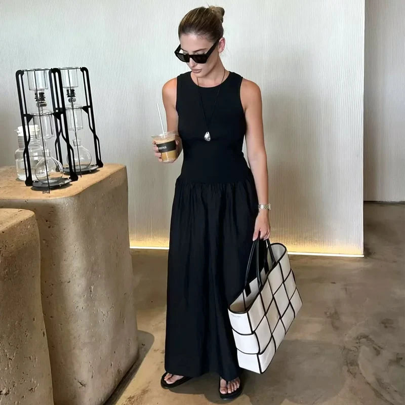 HXAO Women's Black Long Dresses 2025 Spring Sleeveless Elegant Dresses Fashion Casual Vintage Party Khaki Dresses Vestidos - Matrix-studios.com