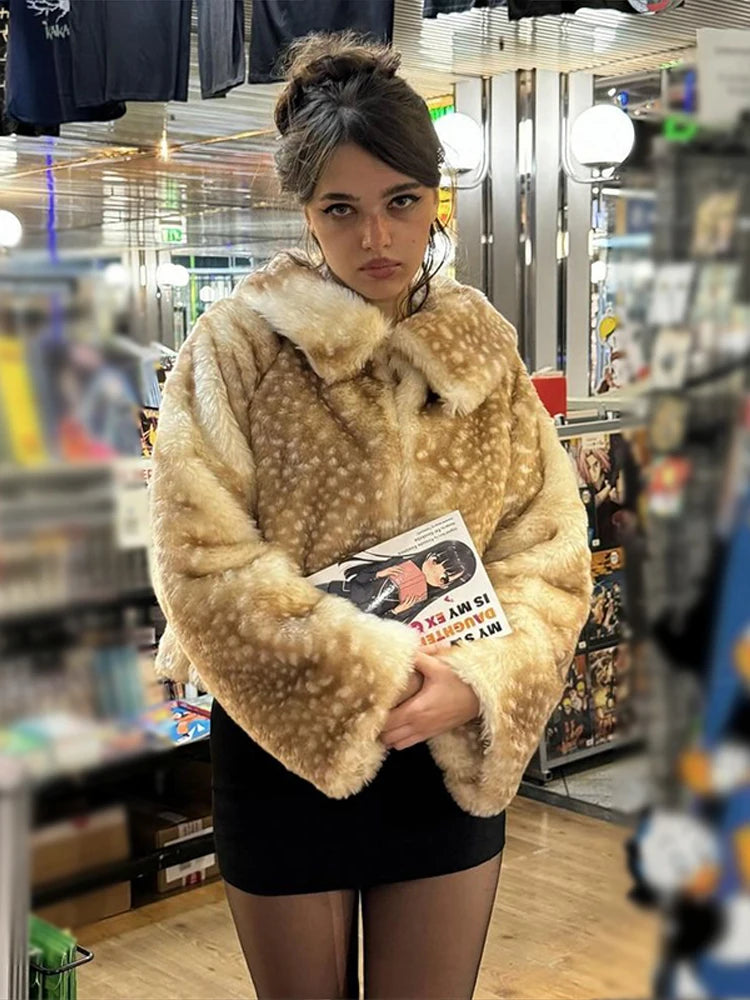 Retro Faux Fur Short Coat Women Elegant Casual Plush Lapel Single Breasted Coats Female 2025 Winter Classic Chic Street Outwear - Matrix Studios