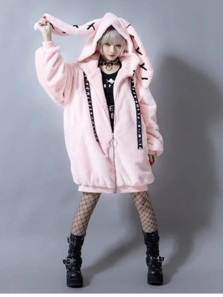 Lautaro Autumn Oversized Sweet Cute Soft Purple Black Faux Fur Coat Women with Bunny Ears Kawaii Loose Fluffy Jacket Hoodie 2023 - Matrix Studios
