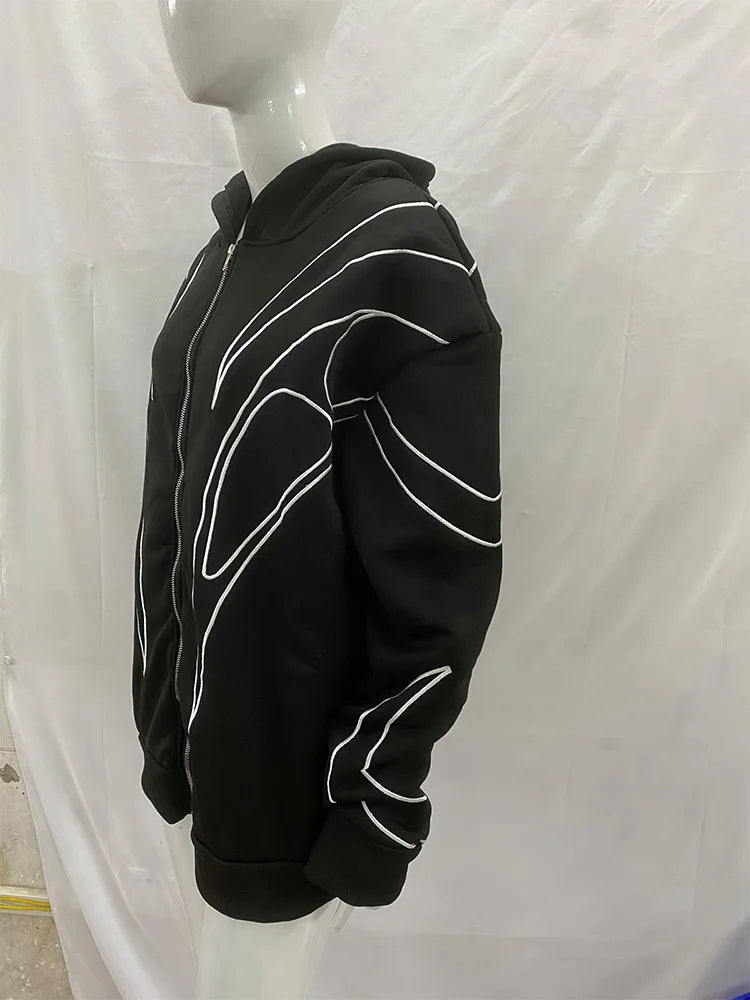 Street Retro Fashion Clothing Striped Embroidered Black Double Zipper Hoodie American Hip-hop Punk Oversized Sweatshirt Women - Matrix Studios