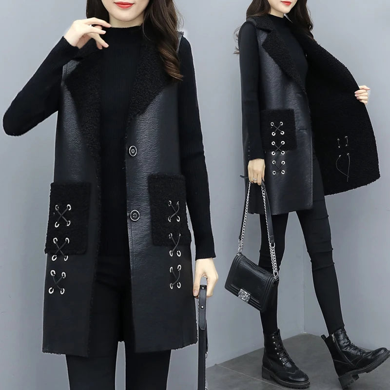 Autumn Winter Fur Leather Vest Coat Long Lambwool Sleeveless Jacket Thick Velvet Warm Waistcoat Large Size Women Fur Vest L-5XL - Matrix Studios