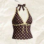 Women Swimwears Polka Dot 2-Piece Tankini Set Halter V Neck Front Tie Cami Top & Contrast Waistband Drawstring Swim Shorts - Matrix-studios.com
