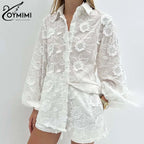 Oymimi Summer White Cotton 2 Piece Sets Women Outfit Casual Jacquard Button Wrist Sleeve Shirts And High Waist Shorts Female Set - Matrix-studios.com