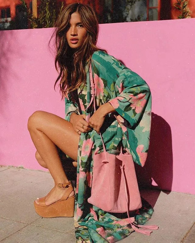Floal Bikini Cover-ups Pink Boho Print Self Belted Front Open Long Kimono Dress Beach Tunic Women Swim Suit Cover Up - Matrix Studios