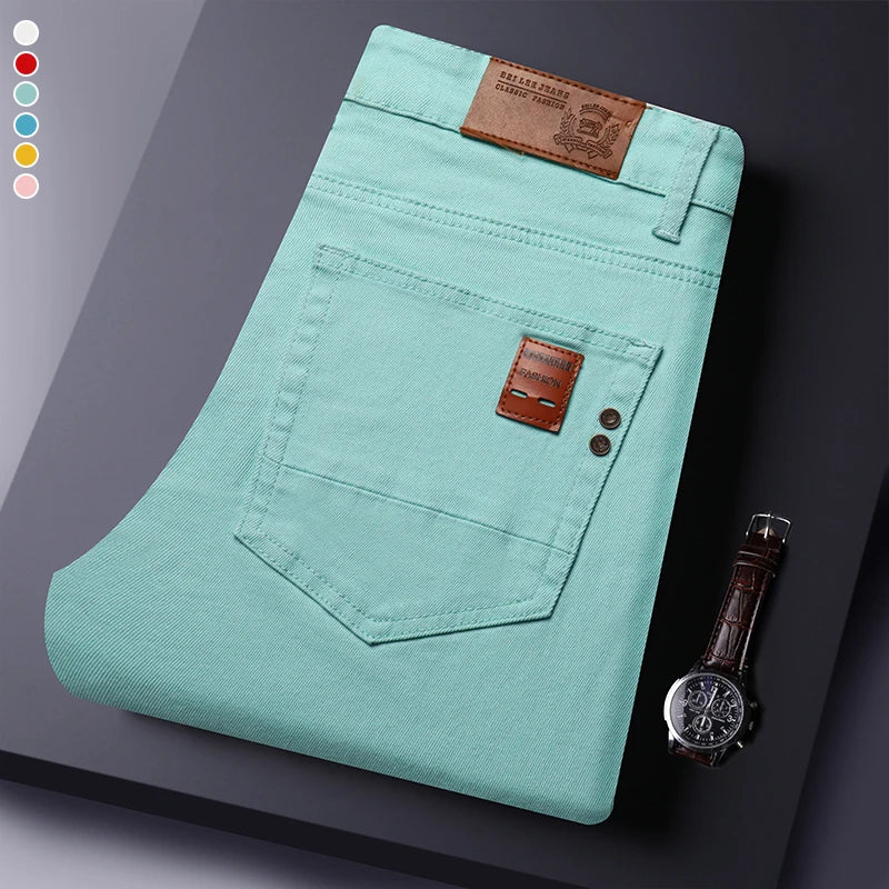 2025 Autumn Men's Elastic Colorful Jeans Breathable Casual  Straight Fitted Solid Color Denim Pants Korean Fashion Trousers - Matrix Studios