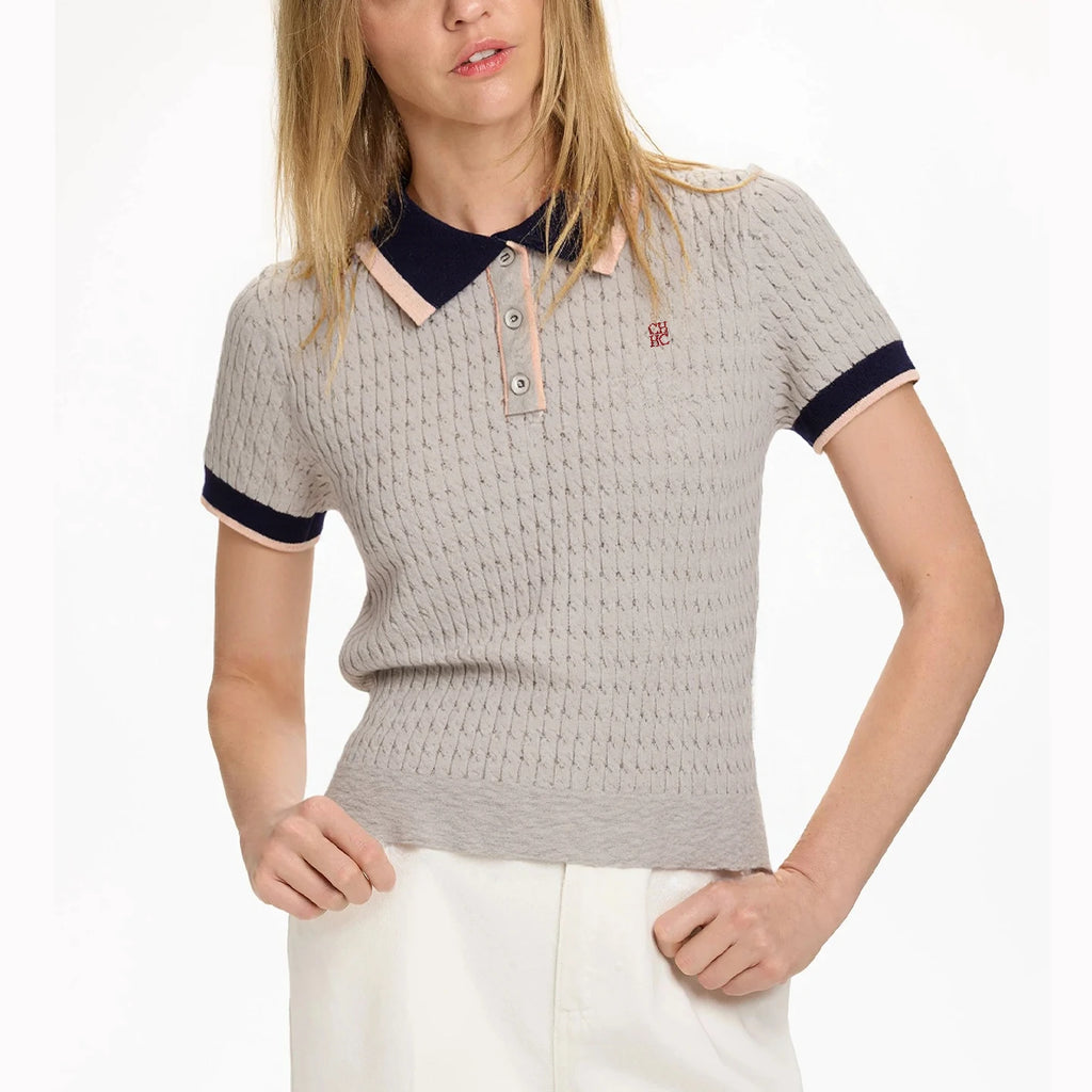 CH Solid Color Embroidered Knit Polo Shirt Women Elegant Short Sleeve Ribbed Trim Office Casual Tops - Matrix-studios.com