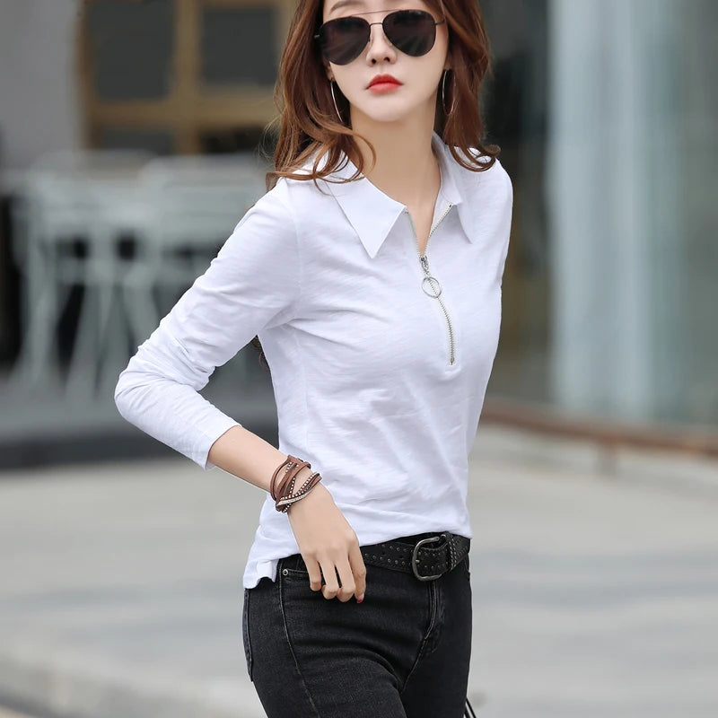 European Station Fashion Long sleeved POLO Neck Pure Cotton T-shirt Women's Spring New Slim Fit Solid Color Bottom Shirt - Matrix-studios.com