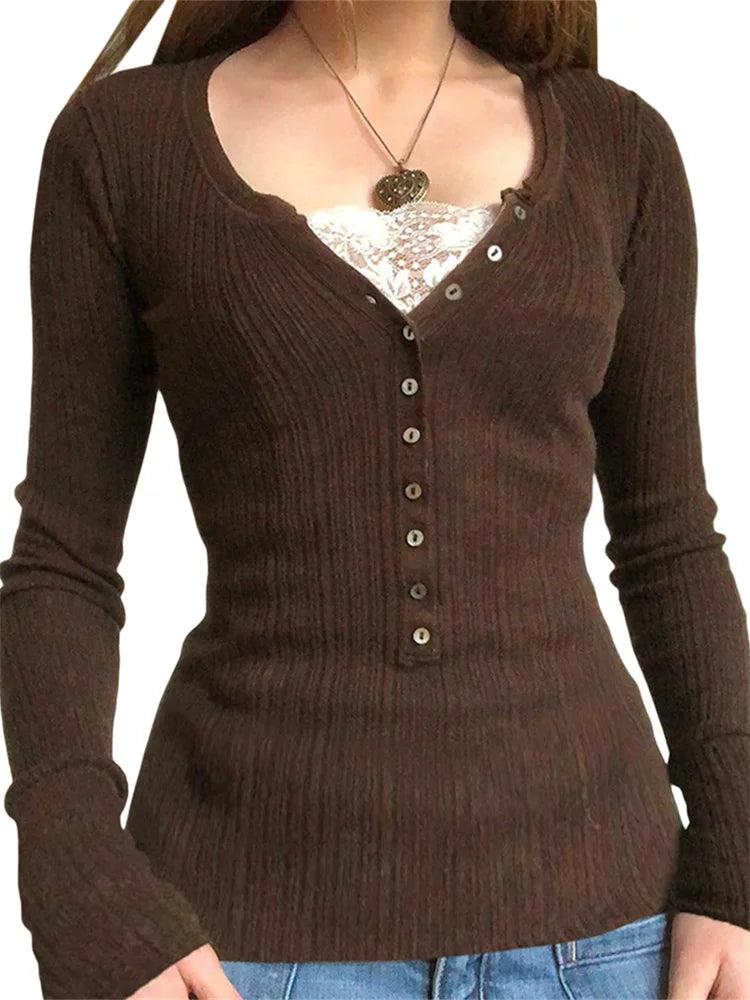 Women Button Front Knit Tops Long Sleeve Lace Patchwork Slim Fit Sweater Fall Fairy Grunge Gothic Y2K Clothes - Matrix Studios