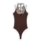 Women's Bodysuit 2026 New Fashion Summer Black Spliced Lace Bodysuit for Women Elegant Chic Personality Spaghetti Strap Bodysuit - Matrix Studios
