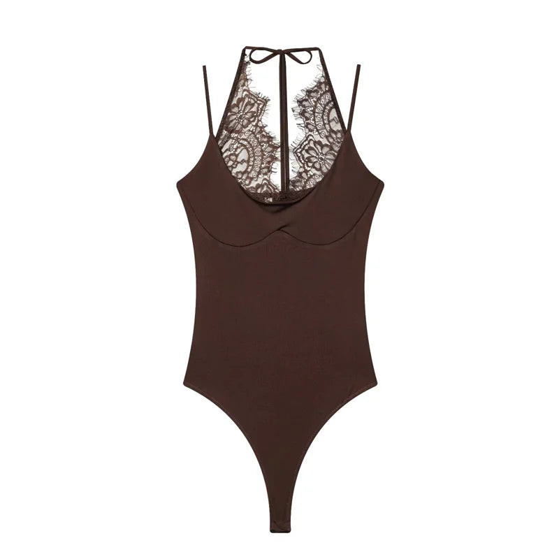 Women's Bodysuit 2026 New Fashion Summer Black Spliced Lace Bodysuit for Women Elegant Chic Personality Spaghetti Strap Bodysuit - Matrix Studios