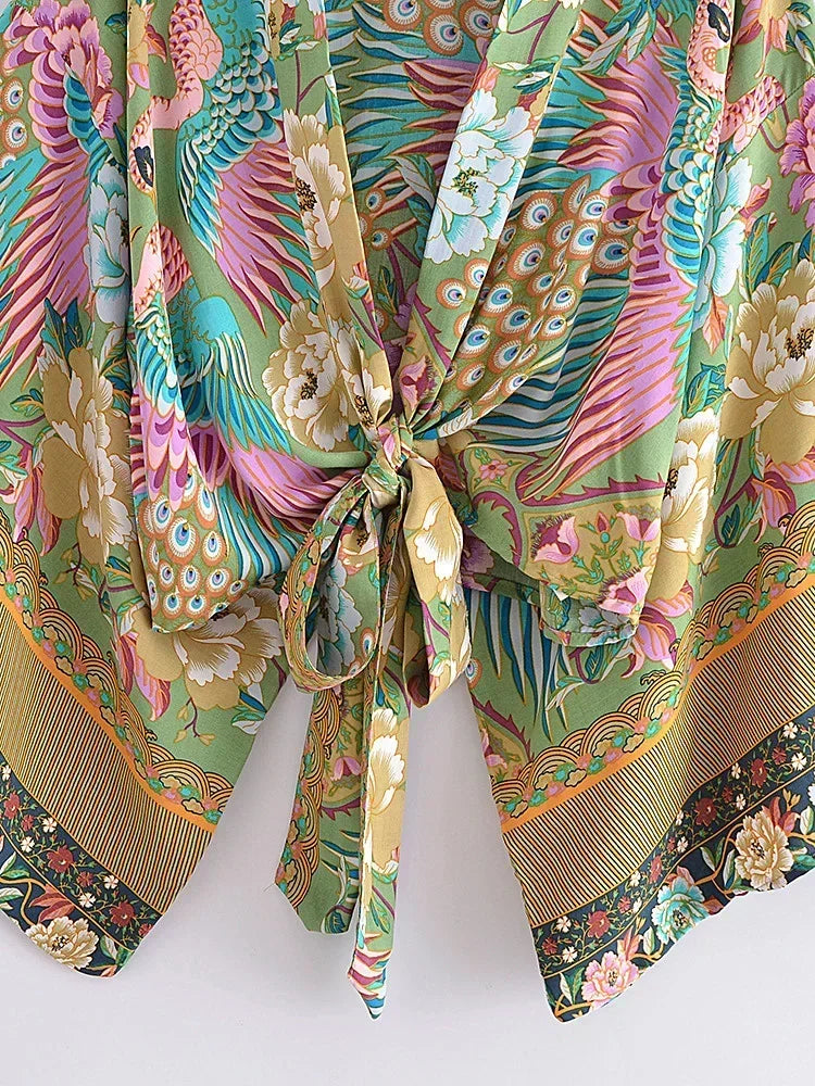 Boho Queens Peacock Short Robe Kimono Swimsuits Women Fashion Floral Batwing Sleeves Rayon Bohemian Bikini Cover Ups Beachwear - Matrix Studios