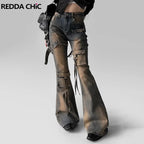REDDACHiC Women Low Waist Cargo Flare Jeans Y2k Vintage Distressed Belted Fitted Bootcut Pants Bell Bottoms Korea Streetwear - Matrix-studios.com