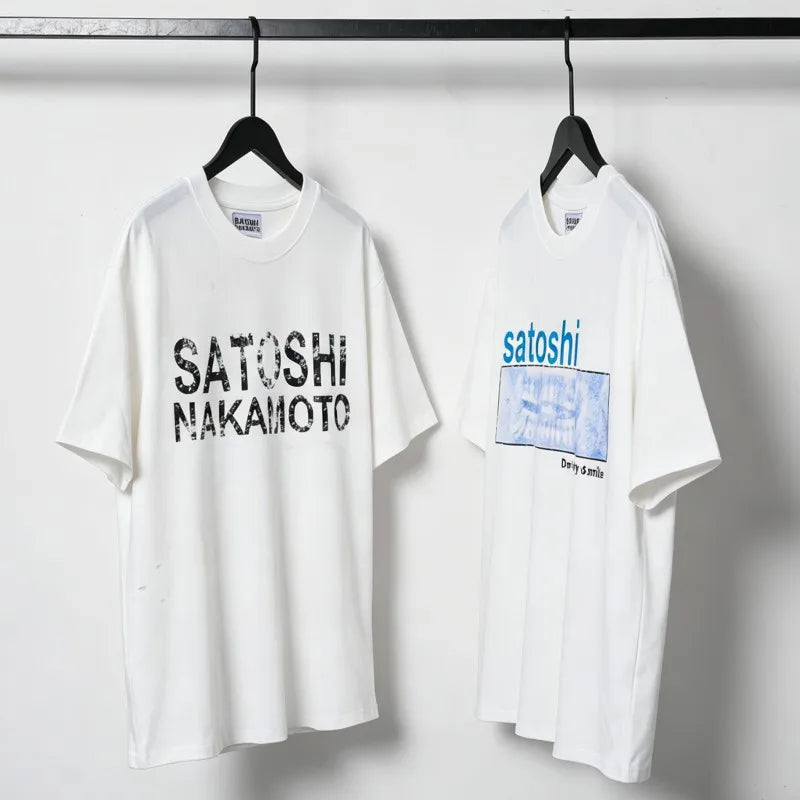 Fading Letter Print Hole SATOSHI Tshirts Breathable Cotton Round Neck Short Sleeve Summer Street Casual Tops Men Women White Tee - Matrix-studios.com