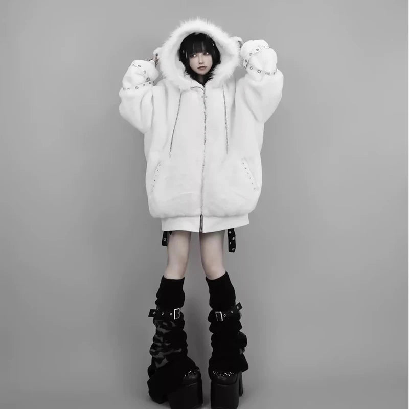 Mauroicardi Autumn Winter Oversized Warm Soft White Faux Fur Coat Women with Hood Harajuku Fashion Fluffy Jacket Streetwear 2025 - Matrix Studios