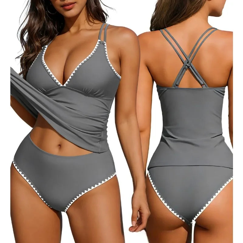 Women Tankini Swimsuit Color Block Tummy Control V Neck Push Up Top High Waisted Swim Bottom 2026 Summer Two Piece Bathing Suit - Matrix-studios.com