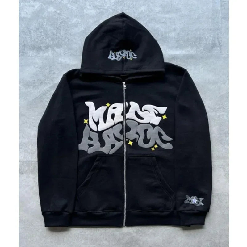 Zipper hooded sweatshirt with retro American letters suitable for men and women wearing Y2K jacket autumn/winter cardigan - Matrix Studios