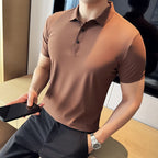 Ice Silk High Elastic Seamless T-shirt ,Summer Thin Polo Shirt, Solid Color Polo Collar Short Sleeve Brown Top, Business Leisure - Matrix-studios.com