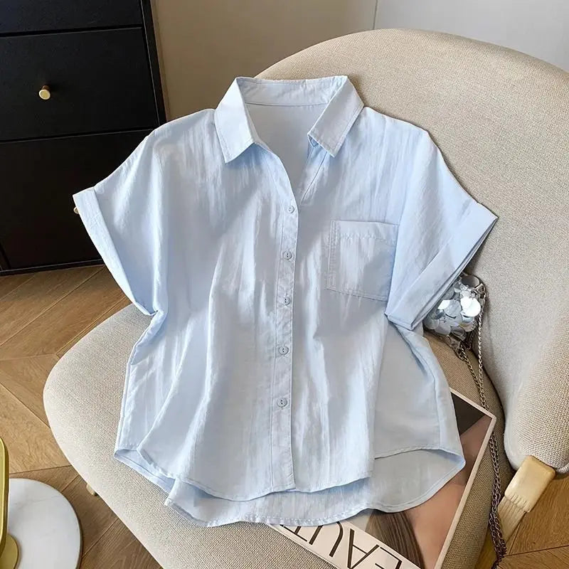 Blue  Neck Short Sleeve Shirt Women's Summer Loose Versatile Super Beautiful Blouse Small Figure Top Easy Care Fabric - Matrix-studios.com