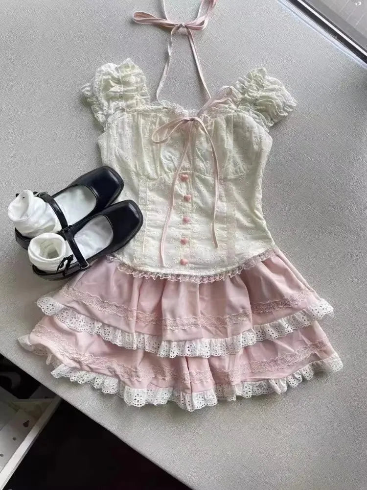 Japanese Sweet Preppy Style 2 Piece Set Women Kawaii Lace Patchwork Bow Tops + Y2k Plaid Mini Skirt Elegant Fashion Outifits New - Matrix-studios.com
