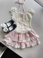 Japanese Sweet Preppy Style 2 Piece Set Women Kawaii Lace Patchwork Bow Tops + Y2k Plaid Mini Skirt Elegant Fashion Outifits New - Matrix-studios.com