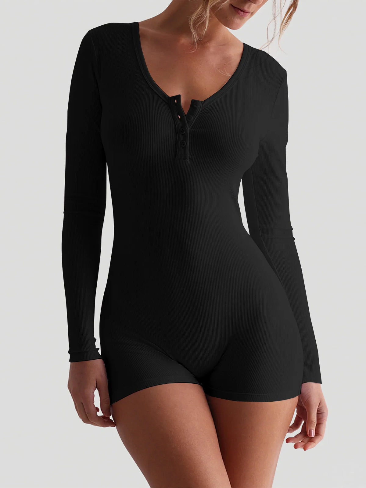 Hugcitar Spring Ribbed Solid Square Collar Long Sleeve Buttons Sexy Bodycon Skinny Playsuit Women Casual Romper Streetwear Sport - Matrix Studios