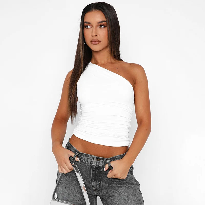 Solid Color One Shoulder Backless Shrink Tank Top T-Shirt Candy Color Tight Sexy Sleeveless Neckless Slim Casaul Top - Matrix-studios.com