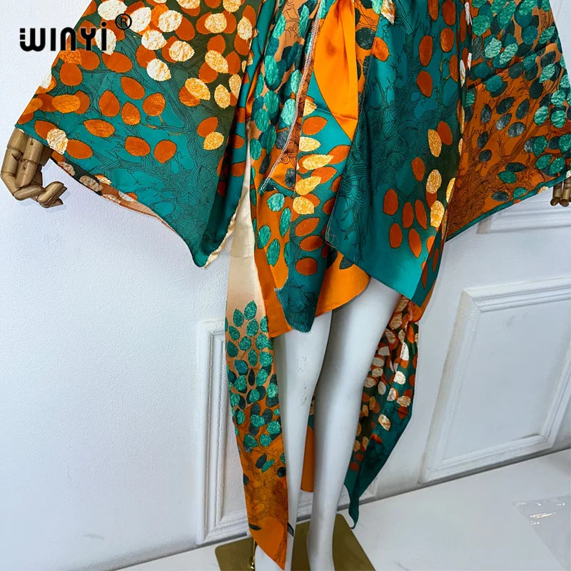 WINYI Summer Beach Wear Cover Up Lady Boho Cardigan Printing Elegant Silky and Skin-Friendly Sexy Holiday Kimono Maxi Dress - Matrix Studios