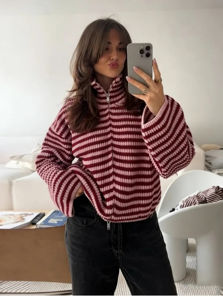 2026 New Spring Striped Loose Knit Cardigans Women Casual Turtleneck Zip-up Pink Sweater Coat Women Knitwear Streetwear - Matrix Studios