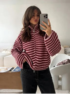 2026 New Spring Striped Loose Knit Cardigans Women Casual Turtleneck Zip-up Pink Sweater Coat Women Knitwear Streetwear - Matrix Studios