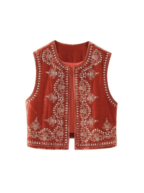 Vintage Autumn Velvet Embroidered Vest Sleeveless Jacket Women V Neck Chic Waistcoats Female Fashion Vests Coat 2023 - Matrix Studios