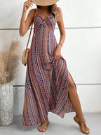 Women's Summer Ethnic Pattern Backless Split Thigh Dress Ladies Summer Clothes Boho Fashion Frill Trim Long Dress for Beach - Matrix-studios.com