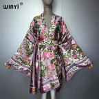 WINYI kimono beach outfits women Swim Suit Cover up boho Cardigan stitch Self Belt Holiday long Sleeve coat holiday kaftan coat - Matrix Studios
