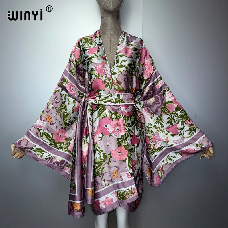 WINYI kimono beach outfits women Swim Suit Cover up boho Cardigan stitch Self Belt Holiday long Sleeve coat holiday kaftan coat - Matrix Studios