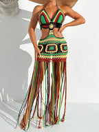Women Summer Crochet Halter Deep V Neck Cover Ups Multicolor Swimsuit Long Tassel Bikini Knit Dress Cover-Ups Backless Beachwear - Matrix Studios