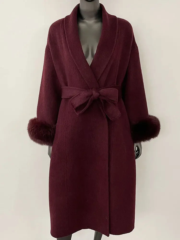 OFTBUY Oversize Loose Autumn Winter Women Coat Real Natural Fox Fur V-neck Woolen Blends Jacket Thick Warm Casual New Overwears - Matrix Studios