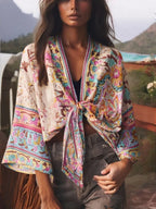 Happie Queens Floral Print Sashes Short  Kimono Women Fashion V Neck Batwing Sleeves Robe Lady Boho Bikini Cover-ups - Matrix Studios