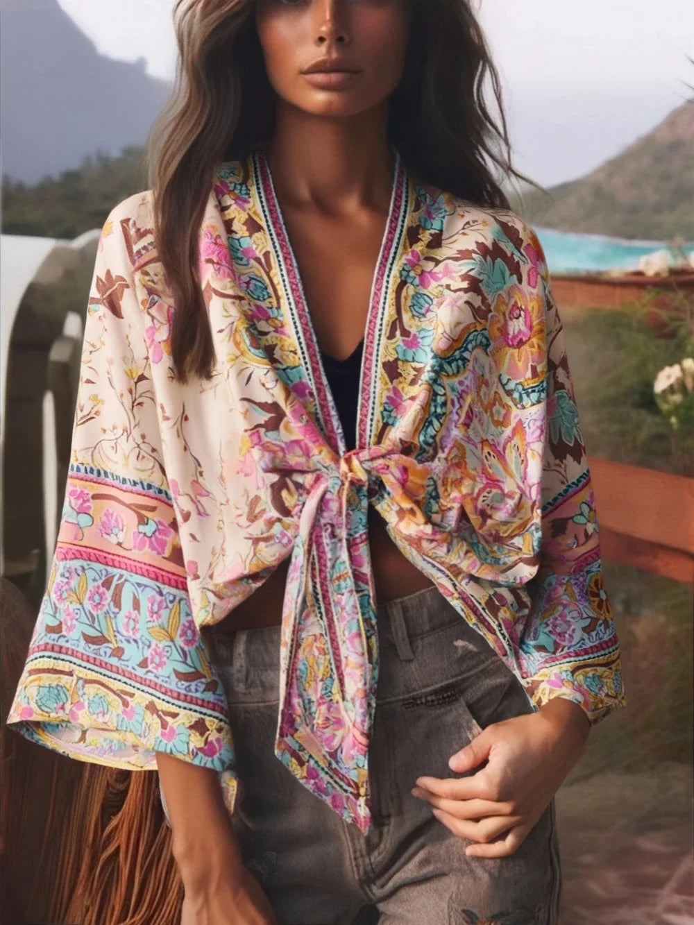 Happie Queens Floral Print Sashes Short  Kimono Women Fashion V Neck Batwing Sleeves Robe Lady Boho Bikini Cover-ups - Matrix Studios