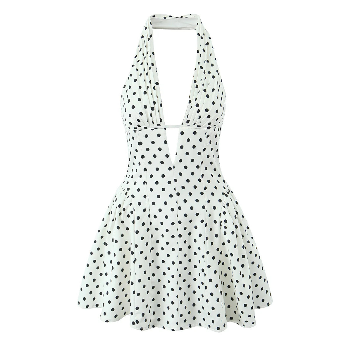 YENKYE French Style Retro Polka Dot Deep V Halter Dress Women Sexy Backless A-line Slim Sweet Elegant Mini Dresses Summer Robe - Matrix-studios.com